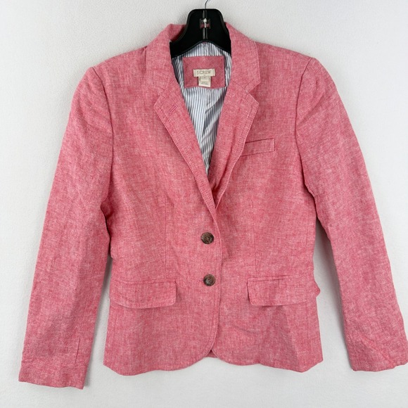 J. Crew Womens Blazer Jacket Size 0 Linen Blend Lined Pink Herringbone - Picture 1 of 10
